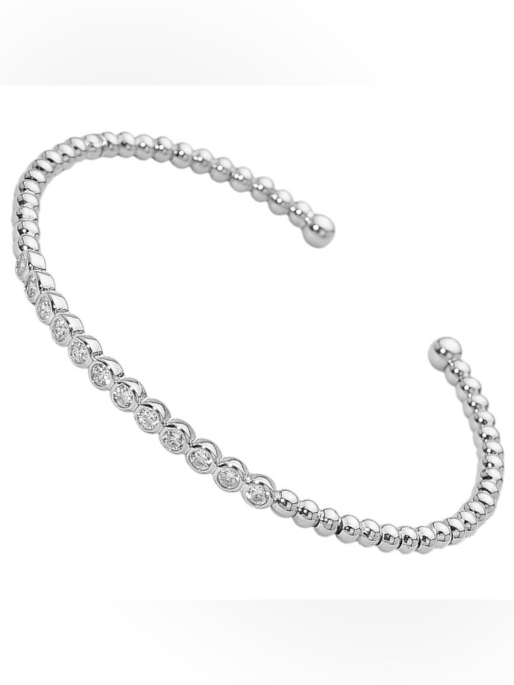 Classic Bezel Set Stones Silver Beaded Cuff Bracelet - Women Jewelry